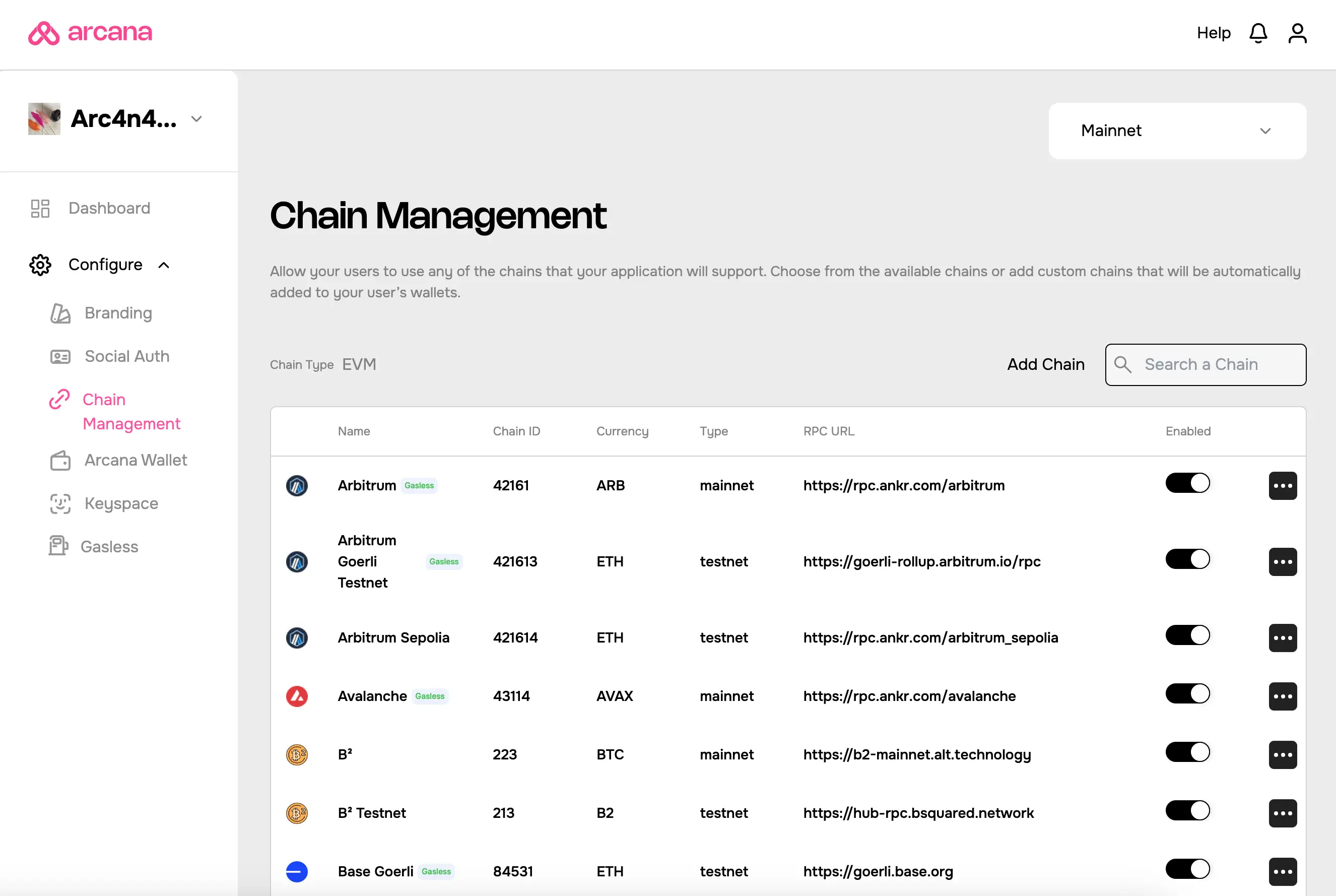 Chain Management Settings